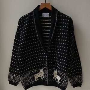 Vintage Pendleton Wool Cardigan Sweater Black White Women's Large
